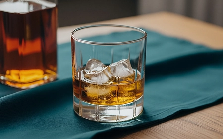 Стакан виски со льдом на бирюзовой салфетке, рядом графин с янтарным напитком